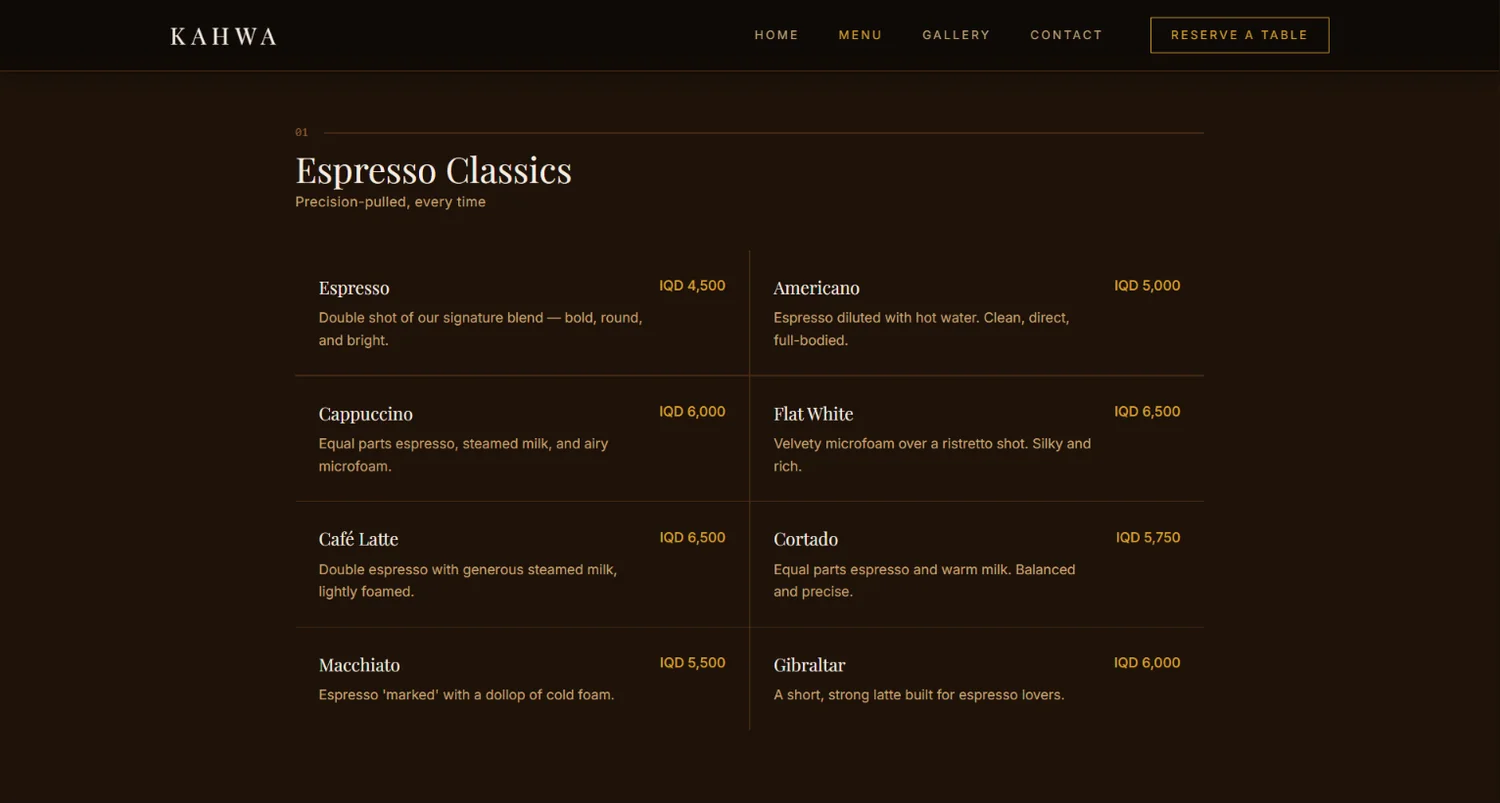 Full menu — espresso classics